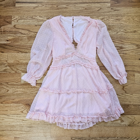 Pink Mini Dress Size Large No Brand Tag Tulle Polka Dot Open Back Ruffle Tiered - Picture 2 of 7